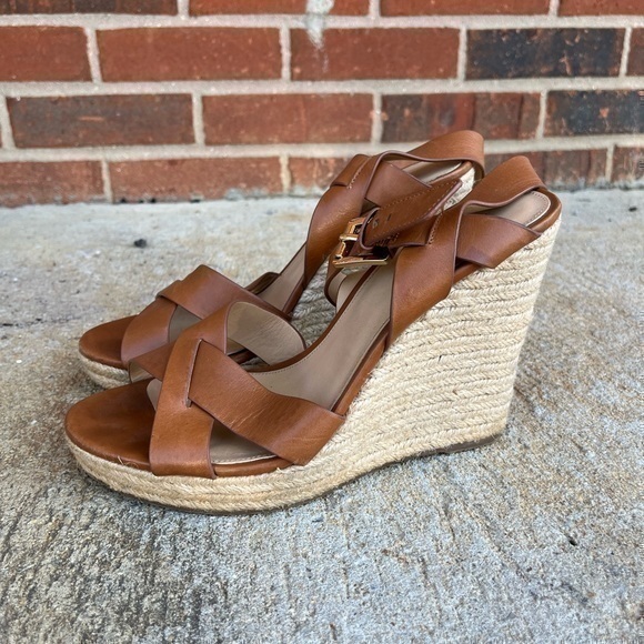 MICHAEL Michael Kors Women’s Brown Leather Open Toe Espadrille Wedge Heels - Picture 2 of 14